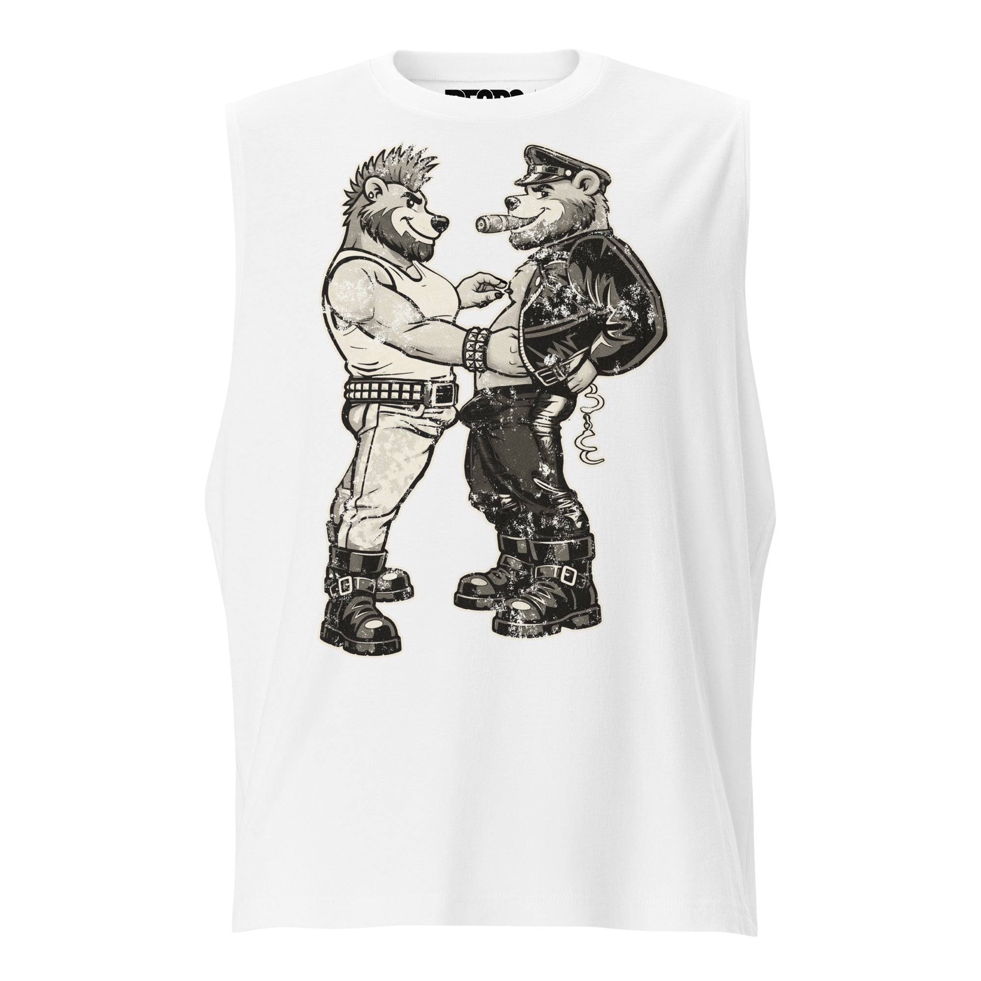 Bears of Backroom Leather & Punk Bear Muscle Tank – alternate front view, white muscle tank
