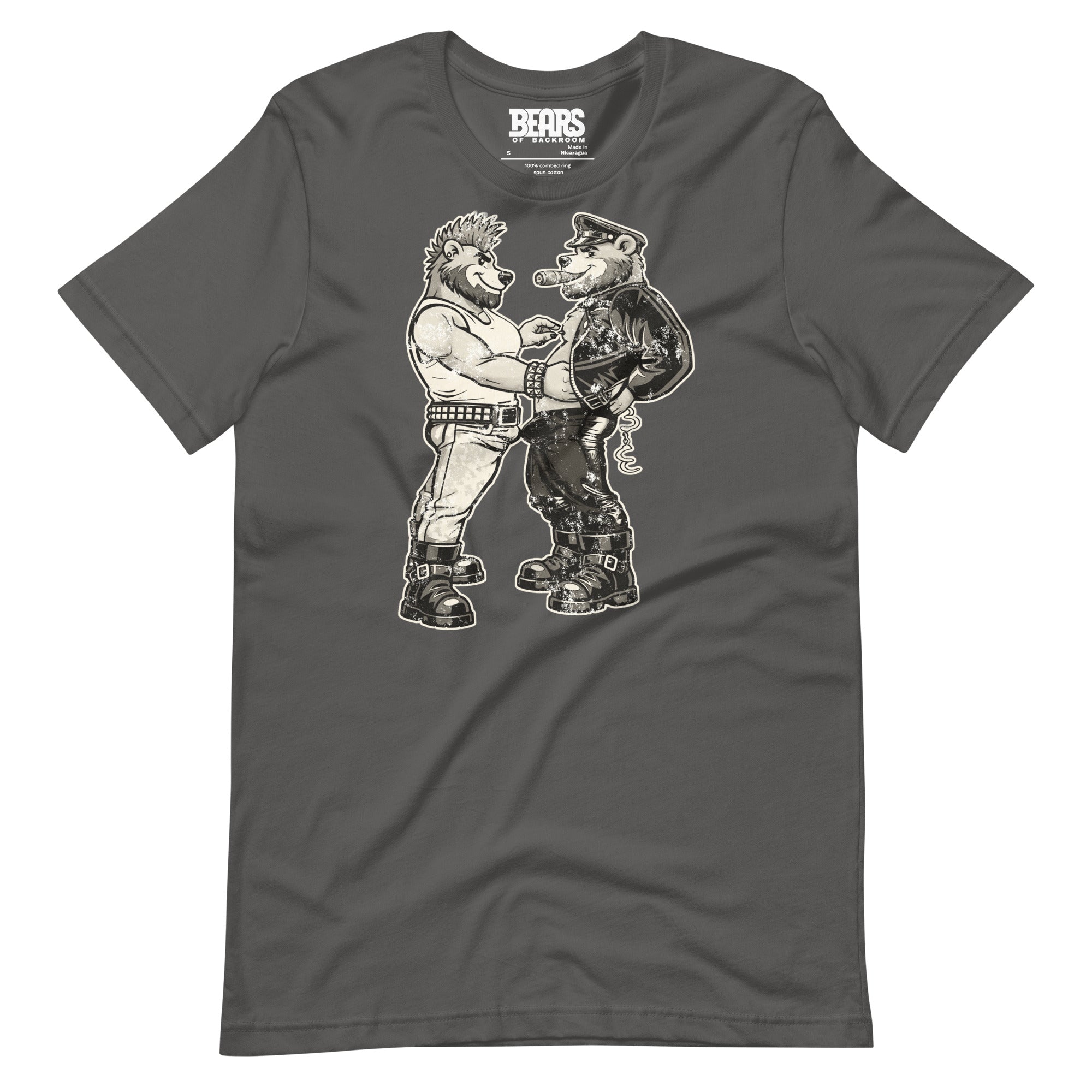 Bears of Backroom Leather & Punk Bear Tee – front view, asphalt unisex t-shirt, distressed print