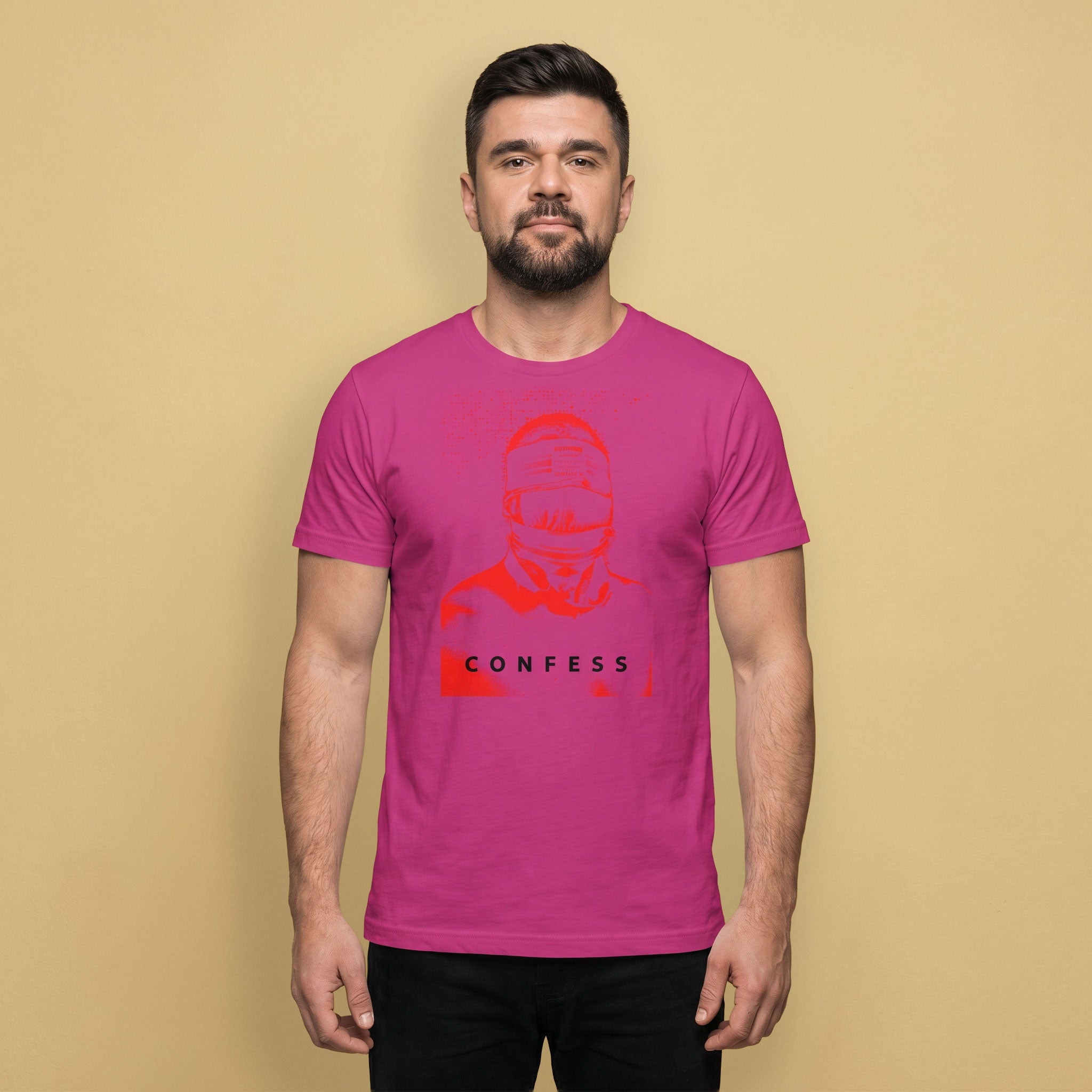 A gay man wearing a berry pink t-shirt with a Blind Jock graphic design and 'CONFESS' text