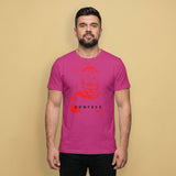 A gay man wearing a berry pink t-shirt with a Blind Jock graphic design and 'CONFESS' text