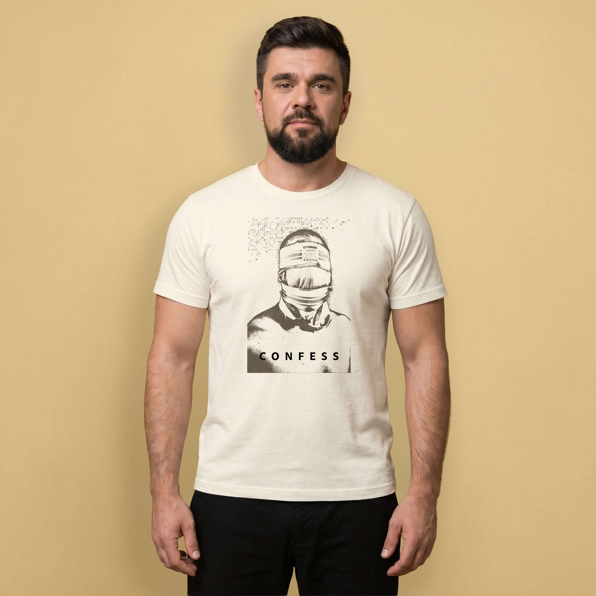 A gay man wearing a vintage white t-shirt with a Blind Jock graphic design and 'CONFESS' text
