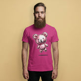 Gay Man wearing a pink t-shirt with a teddy bear balloon design with the words "BLOW ME" on a beige background - Berry pink Blow Me Bear t-shirt - funny gay pride balloon tee by BackRoom Gear