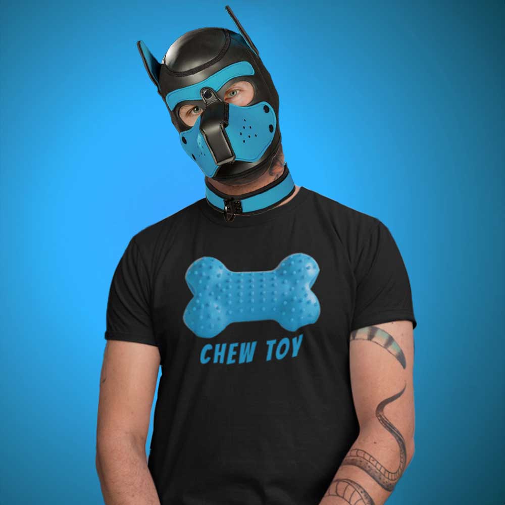 Person wearing a black t-shirt with a blue bone design and 'CHEW TOY' text, paired with a black and blue mask on a blue background.