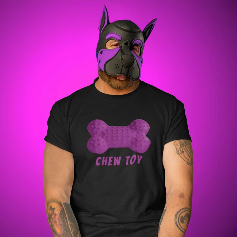 Person wearing a black t-shirt with a purple bone design and 'CHEW TOY' text, paired with a black dog mask on a purple background.