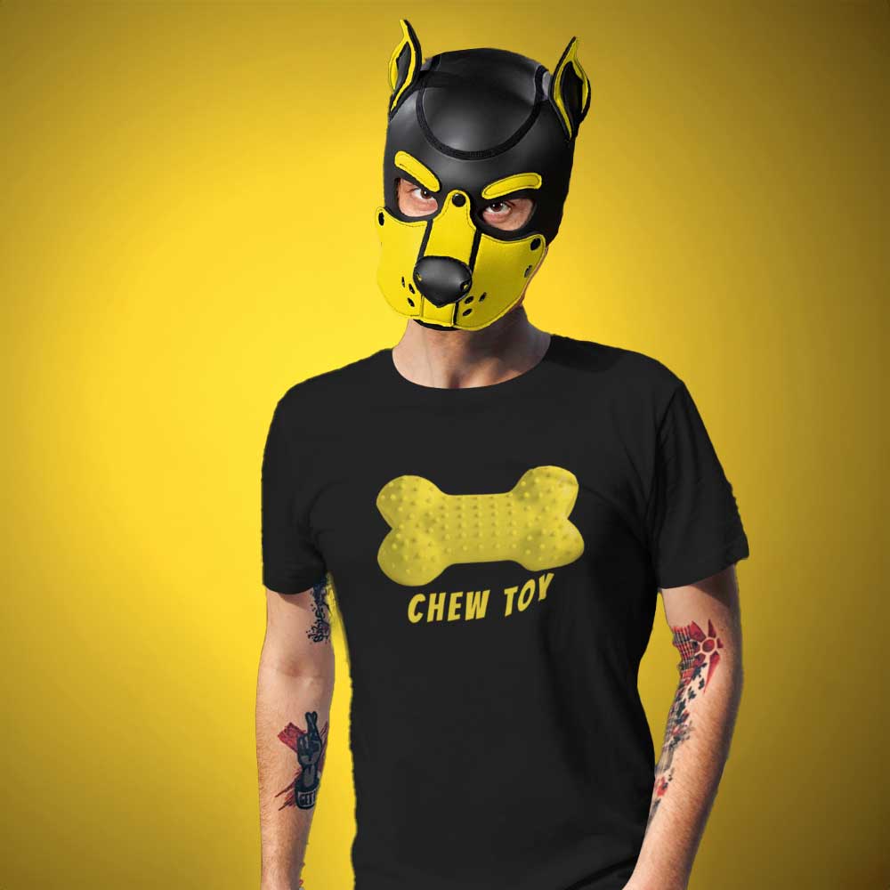 Person wearing a black t-shirt with a yellow bone design and 'CHEW TOY' text, paired with a black and yellow mask on a yellow background.
