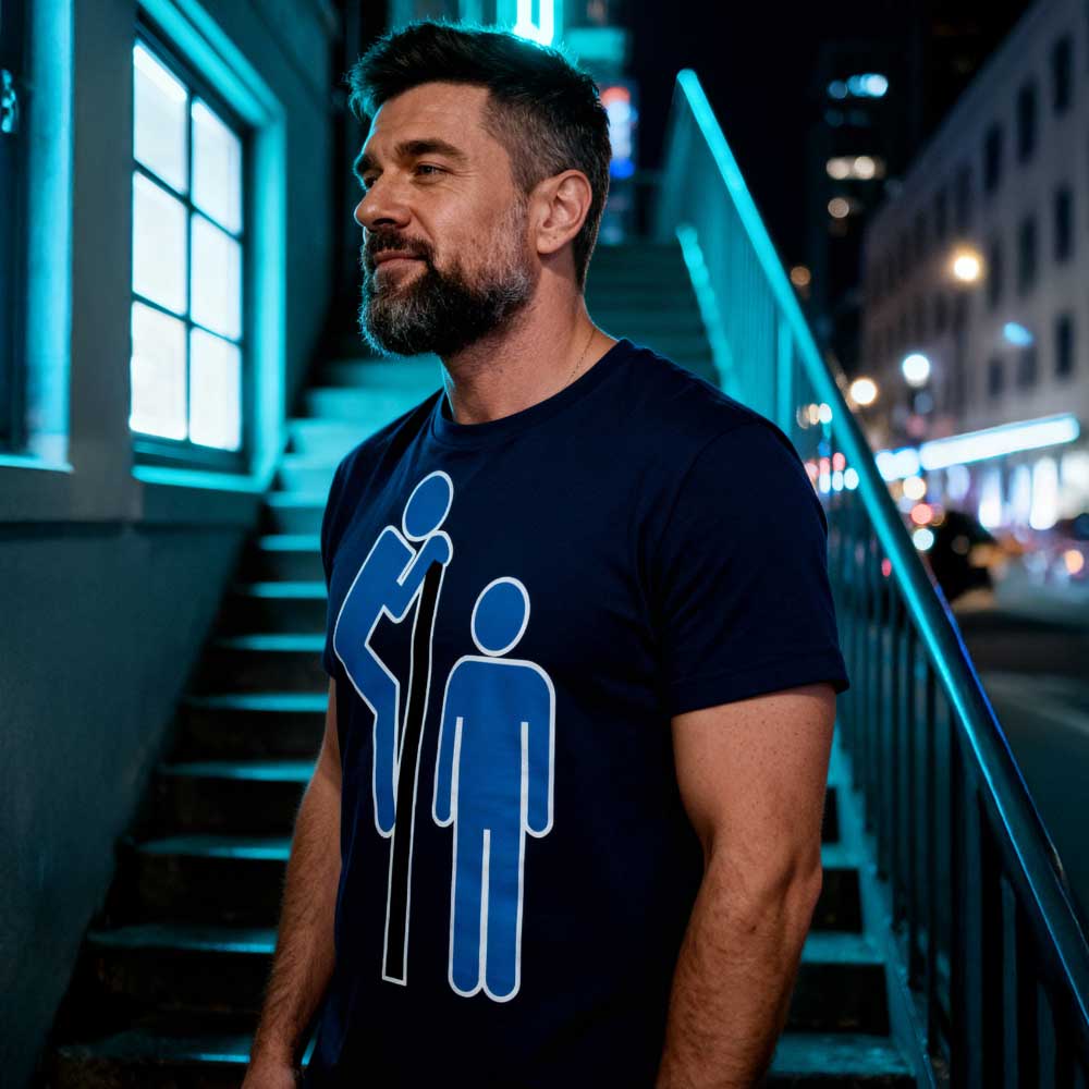Gay Man wearing a dark blue t-shirt with a cottaging graphic design on a city street at night - Navy blue Cruisin' gay culture t-shirt with retro cruising graphic - LGBTQ+ pride apparel by BackRoom Gear