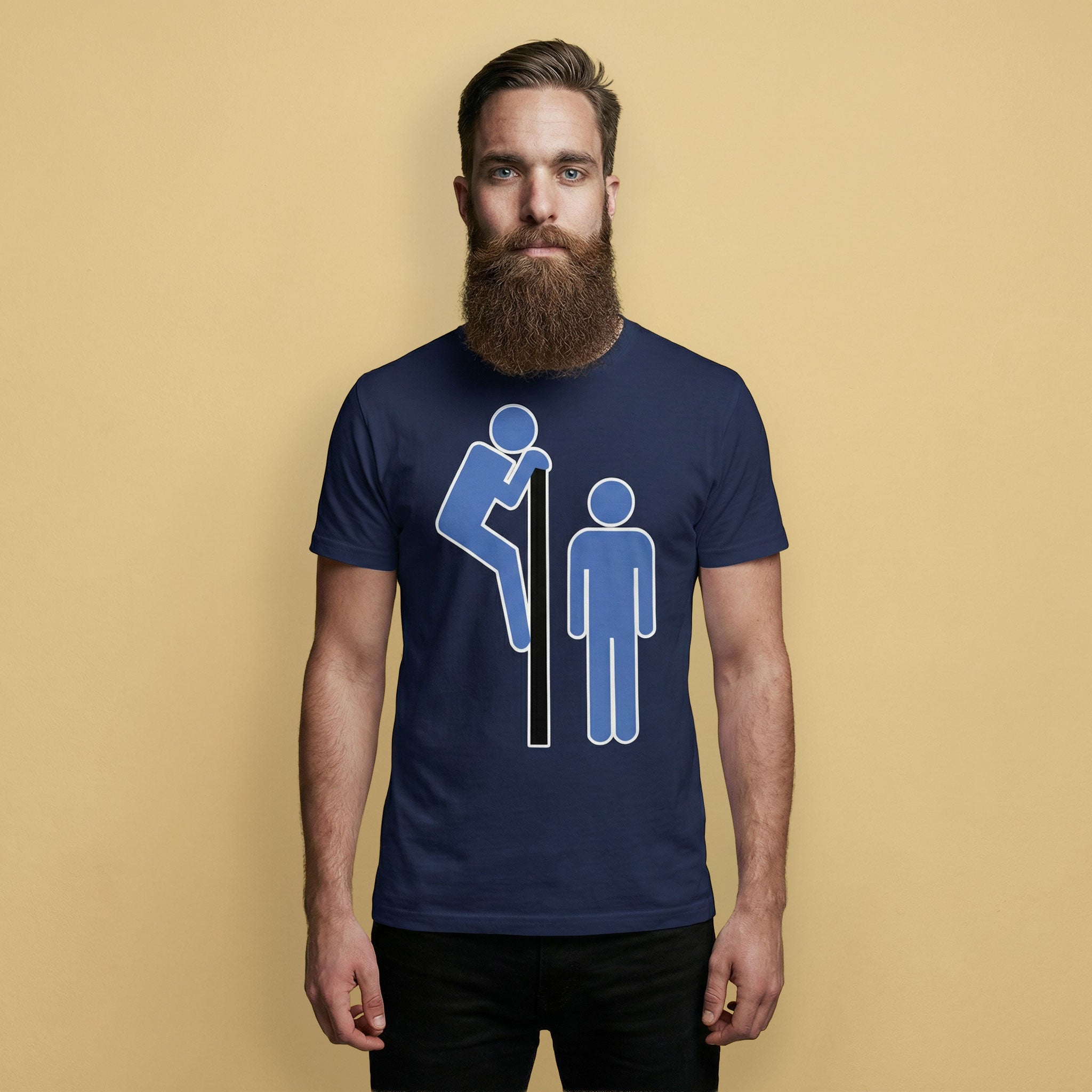 Gay man wearing a navy blue t-shirt with cottaging graphic design on a beige background - Navy blue Cruisin' gay culture t-shirt with retro cruising graphic - LGBTQ+ pride apparel by BackRoomGear