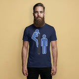 Gay man wearing a navy blue t-shirt with cottaging graphic design on a beige background - Navy blue Cruisin' gay culture t-shirt with retro cruising graphic - LGBTQ+ pride apparel by BackRoomGear