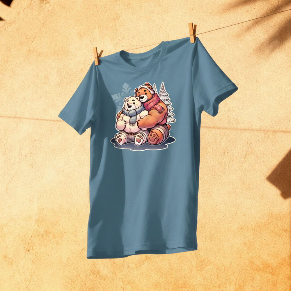 Gay bear shirt in navy blue featuring cozy winter bear snuggle graphic hanging on a line - Cuddly Bear Winter T-Shirt – Cozy Gay Bear Pride Snuggles – LGBTQ+ pride t-shirts US UK – Gay pride shirts collection – Made-to-order gay apparel