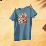 Gay bear shirt in navy blue featuring cozy winter bear snuggle graphic hanging on a line - Cuddly Bear Winter T-Shirt – Cozy Gay Bear Pride Snuggles – LGBTQ+ pride t-shirts US UK – Gay pride shirts collection – Made-to-order gay apparel