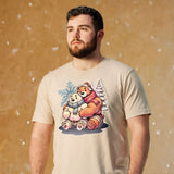 Hairy gay bear wearing a Gay bear t-shirt in soft cream with cuddly hibernating bear couple design - Cuddly Bear Winter T-Shirt – Cozy Gay Bear Pride Snuggles – LGBTQ+ pride t-shirts US UK – Gay pride shirts collection – Made-to-order gay apparel