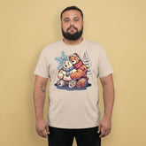 Gay bear wearing a t-shirt with a bear and snowflake design on a beige background -Cuddly Bear Winter T-Shirt – Cozy Gay Bear Pride Snuggles – LGBTQ+ pride t-shirts US UK – Gay pride shirts collection – Made-to-order gay apparel