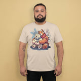 Gay bear wearing a t-shirt with a bear and snowflake design on a beige background -Cuddly Bear Winter T-Shirt – Cozy Gay Bear Pride Snuggles – LGBTQ+ pride t-shirts US UK – Gay pride shirts collection – Made-to-order gay apparel