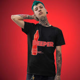 Gay Man wearing a black shirt with a red fisting dildo and the words deeper and deeper - Deeper and Deeper Black T-Shirt - BackRoomGear - your LGBTQI Gay Kink Apparel Store