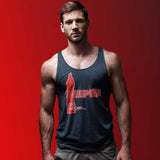 Gay Man wearing a navy tank top with a red fisting dildo and the words deeper and deeper - Deeper and Deeper Black pride top - BackRoomGear - your LGBTQI Gay Kink Apparel Store