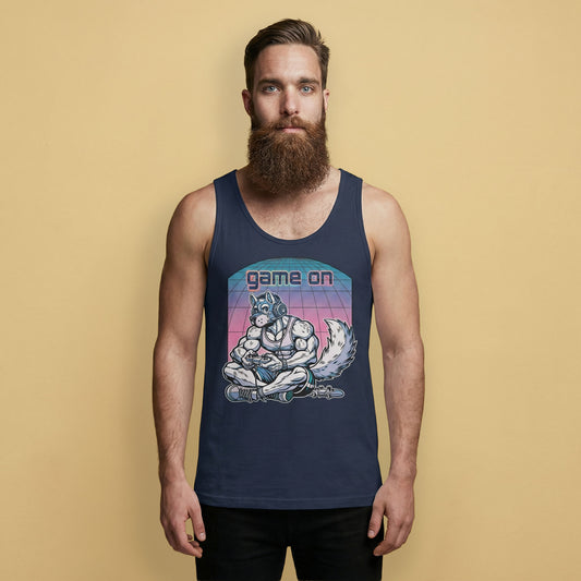 Gay Man wearing a navy tank top with a gamer pup graphic design on a beige background