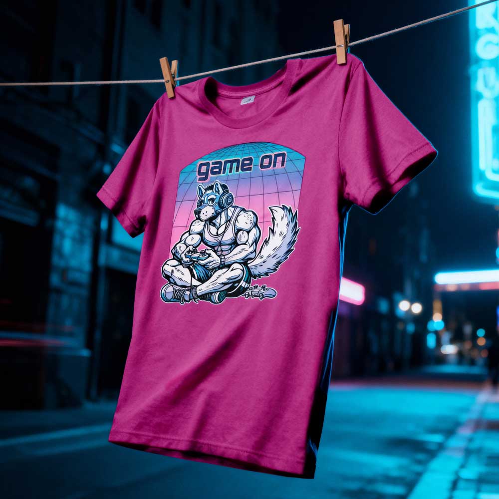 Berry Pink t-shirt with graphic design and 'game on' text hanging on a clothesline against a city street backdrop – Gamer Gay Pup Play T-Shirt – LGBTQ+ pride t-shirts US UK – Gay pride shirts collection – Made-to-order gay apparel
