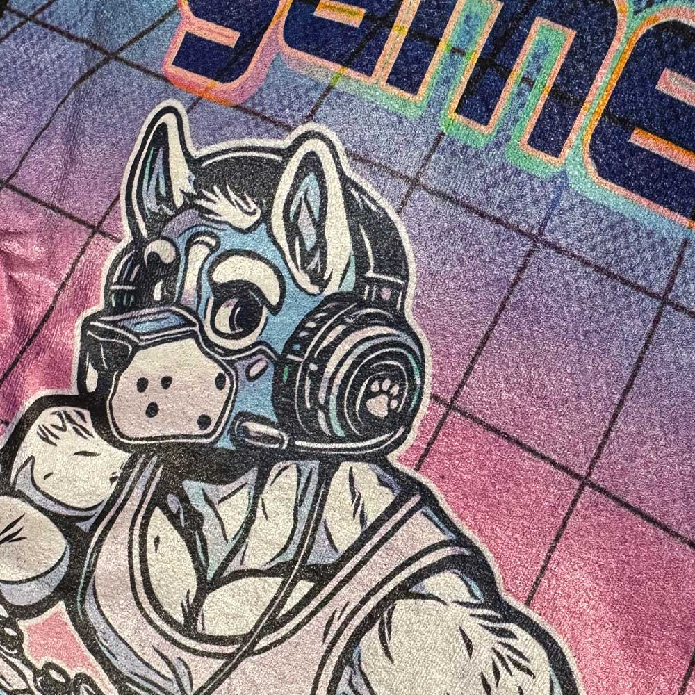 Print Close up of Stylized pup character with mask and headphones on a colorful grid background – Gamer Gay Pup Play T-Shirt – LGBTQ+ pride t-shirts US UK – Gay pride shirts collection – Made-to-order gay apparel