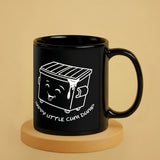 Happy Little Cum Dump black glossy ceramic mug with cartoon dumpster graphic - Backroom Gear