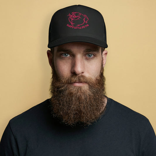 Gay Man wearing a Happy Little Pit Pig trucker cap with cartoon pig sniffing armpit graphic on black mesh snapback hat - Backroom Gear