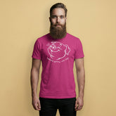 Gay man wearing Happy Little Pit Pig t-shirt in berry with cartoon pig sniffing armpit graphic- Backroom Gear