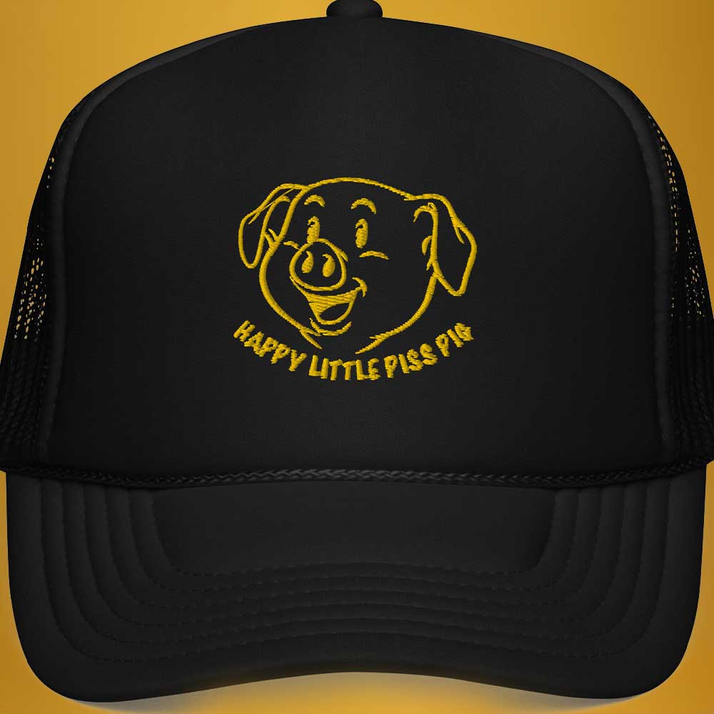 Black truckers cap featuring an embroidered outline of a smiling pig face with "Happy little Piss Pig" underneath. - Black Happy Little Piss Pig trucker cap - watersports kink pride hat by BackRoomGear