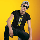 gay man wearing a black shirt featuring a pop vinyl puppy with a yellow and black hood on top of a yellow fire hydrant - Watersports Puppy Pride t-shirt - gay pup play kink tee by BackRoom Gear - flagging yellow