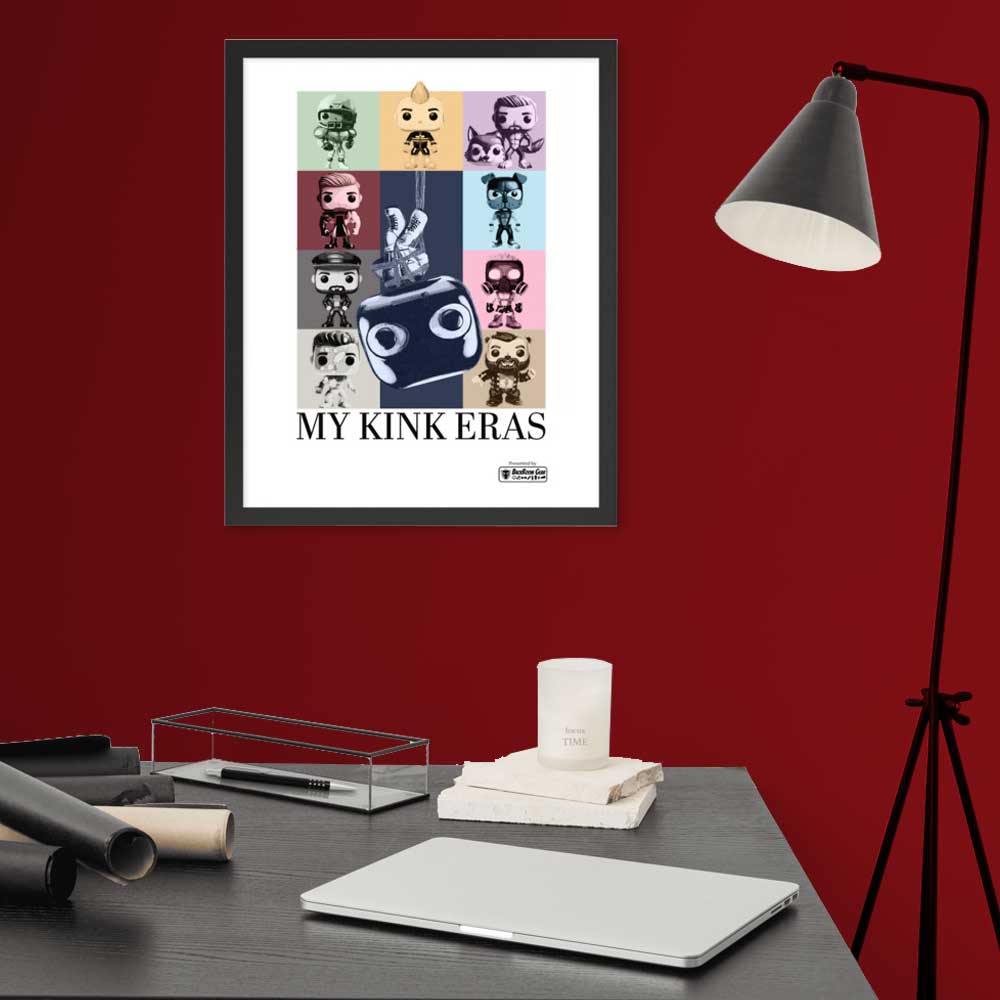 Poster framed in black wood featuring kinky pop vinyl graphic such as fisting and watersports as a tribute to Taylor Swift's Eras Tour Poster on a red wall - Kink Eras print - LGBTQ+ kink pride parody art print by BackRoom Gear