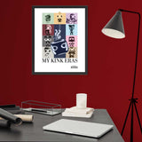 Poster framed in black wood featuring kinky pop vinyl graphic such as fisting and watersports as a tribute to Taylor Swift's Eras Tour Poster on a red wall - Kink Eras print - LGBTQ+ kink pride parody art print by BackRoom Gear