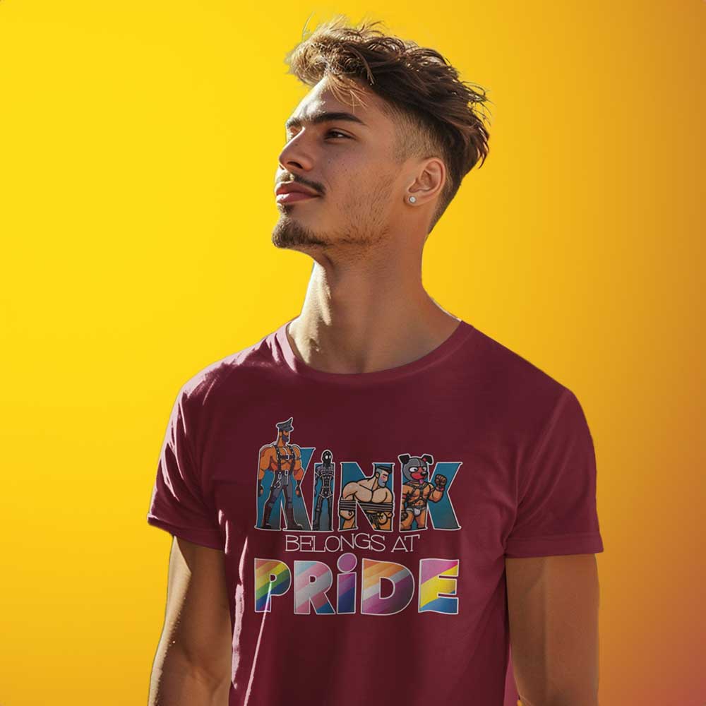 Gay Man wearing Kink-Pride-Maroon-Shirt - backroom gear - Kink Belongs at Pride T-Shirt – Bold LGBTQ+ Kink Pride Tee – Gay pride shirts collection – LGBTQ+ pride t-shirts US UK – Made-to-order gay apparel