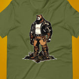 Olive t-shirt with a graphic of a buff cartoon bear wearing a leather jacket - Leather Daddy Bear T-Shirt – Gay Bear Pride Community Tee – LGBTQ+ pride t-shirts US UK – Gay pride shirts collection – Made-to-order gay apparel