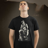 Gay man wearing Leather Daddies Shirt-Black-backroom gear - Leather Pride Daddy T-Shirt – Gay Leather Flag Dom Tee – LGBTQ+ pride t-shirts US UK – Gay pride shirts collection – Made-to-order gay apparel