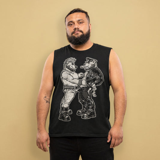 Man wearing a black sleeveless Bears of Backroom Leather & Punk Bear Muscle Tank from Backroom Gear against a beige background