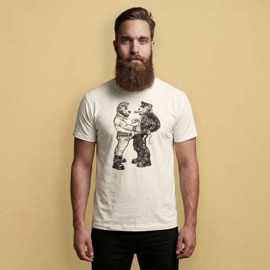 Man wearing a vintage white Bears of Backroom Leather & Punk Bear Tee from Backroom Gear on a beige background