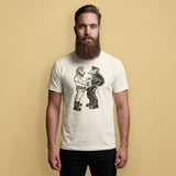 Man wearing a vintage white Bears of Backroom Leather & Punk Bear Tee from Backroom Gear on a beige background