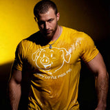 Gay Man wearing a wet yellow t-shirt with a piss pig graphic design against a yellow background - Mustard yellow Happy Little Piss Pig t-shirt - watersports kink pride LGBTQ+ tee by BackRoom Gear