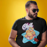 Gay bear wearing a black t-shirt with a pool bear graphic and 'Chill' text on a yellow background - Bear Pool Pride T-Shirt | Chubby Bear Graphic Tee – Gay pride shirts collection – LGBTQ+ pride t-shirts US UK – Made-to-order gay apparel