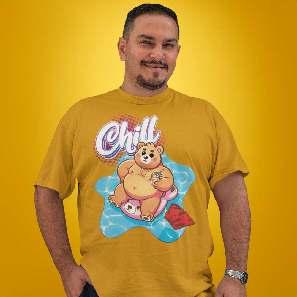 Gay bear wearing a mustard yellow t-shirt with a pool bear graphic and 'Chill' text on a yellow background - Bear Pool Pride T-Shirt | Chubby Bear Graphic Tee – Gay pride shirts collection – LGBTQ+ pride t-shirts US UK – Made-to-order gay apparel