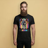 Gay Man wearing a black t-shirt with a colorful Leather Demon Pride Month graphic design and text on a beige background - Pride Month DEMON T-Shirt Bold LGBTQ+ Pride Apparel – Gay pride shirts collection – LGBTQ+ pride t-shirts US UK – Made-to-order gay apparel