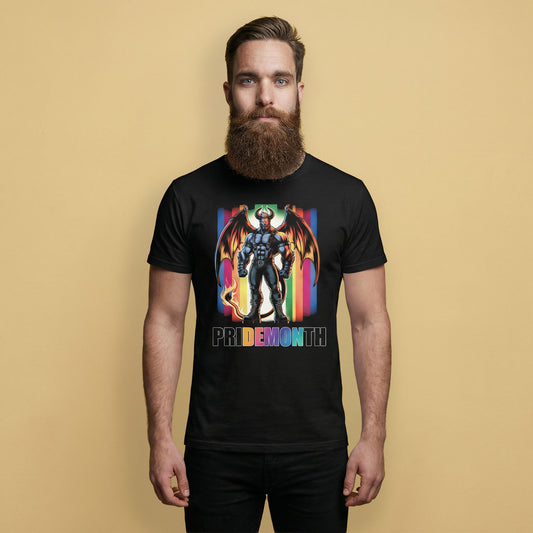 Gay Man wearing a black t-shirt with a colorful Leather Demon Pride Month graphic design and text on a beige background - Pride Month DEMON T-Shirt Bold LGBTQ+ Pride Apparel – Gay pride shirts collection – LGBTQ+ pride t-shirts US UK – Made-to-order gay apparel