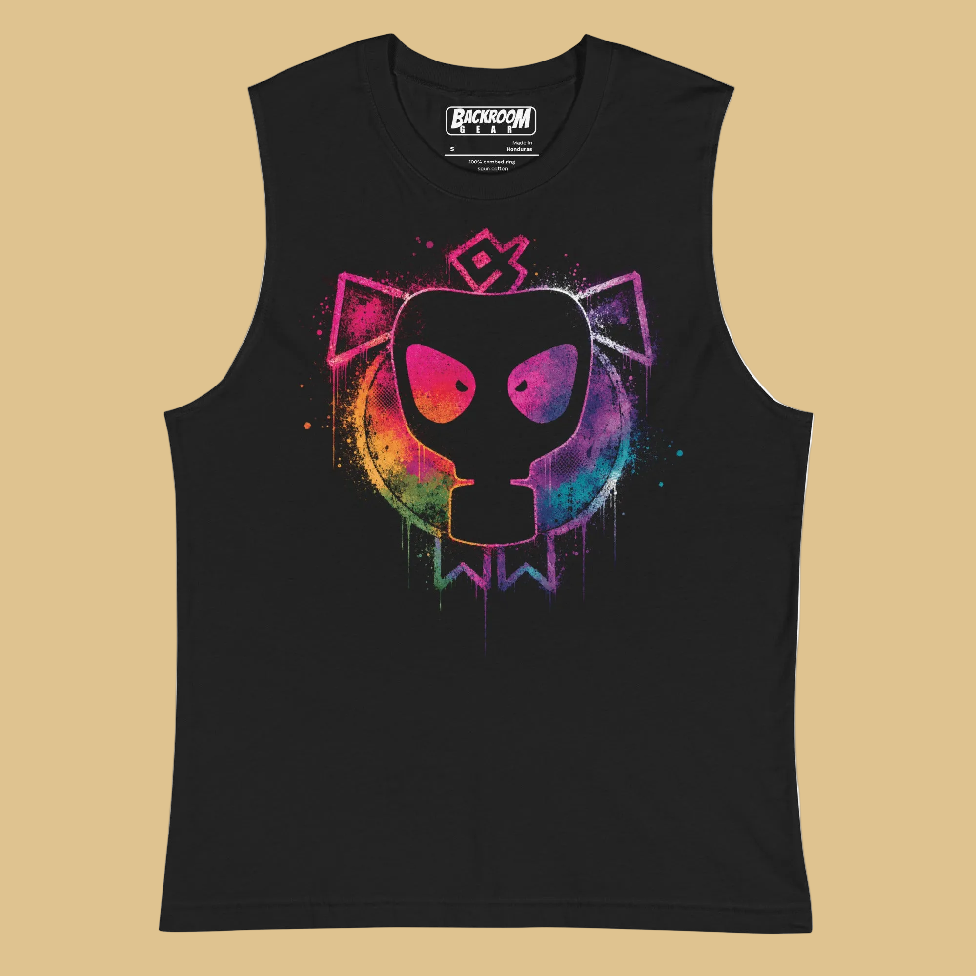 Pride Pig Muscle Tank – front view mockup, black unisex muscle shirt with LGBTQIA+ Pride Pig print