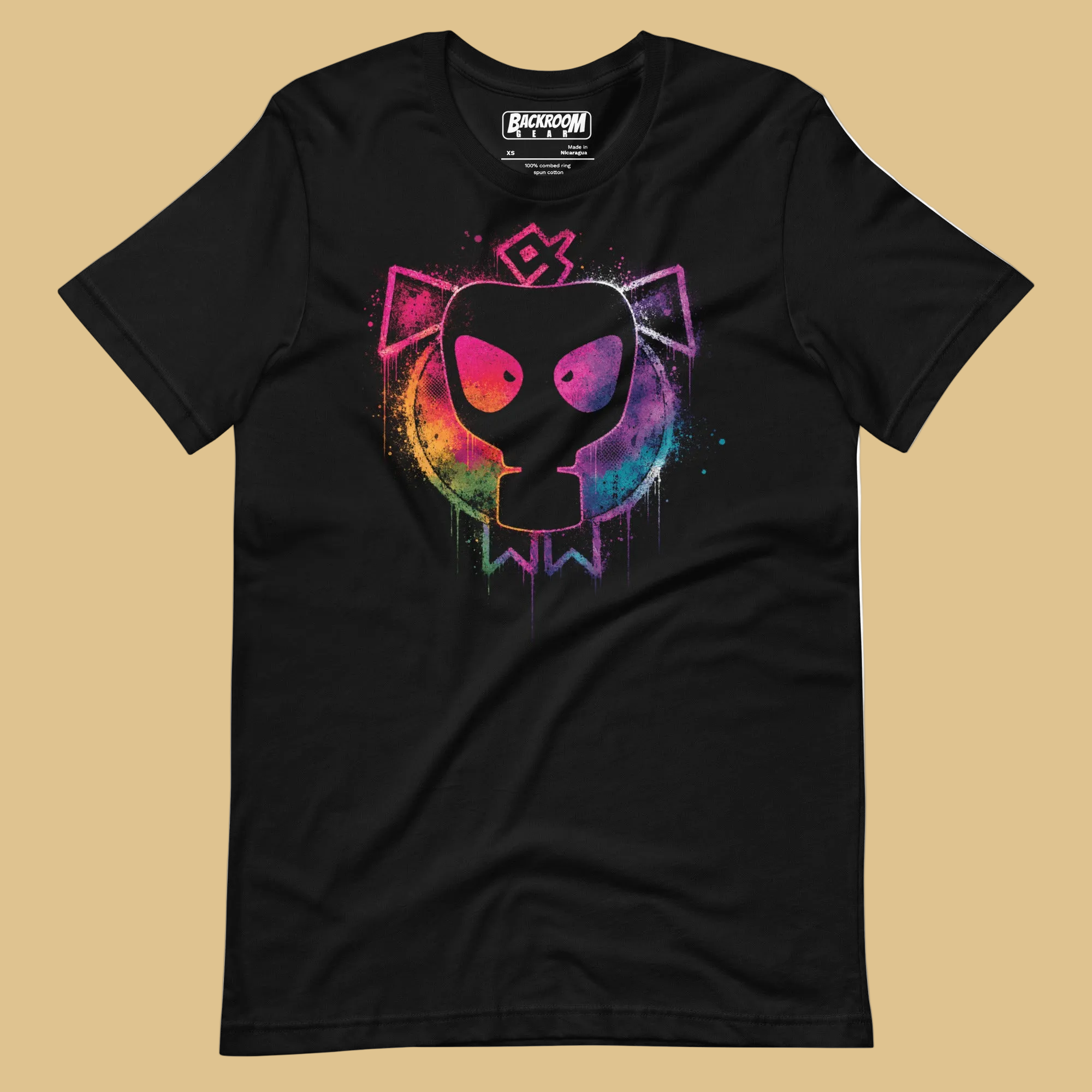 Pride Pig Tee – front view mockup, black unisex staple t-shirt with Rainbow Pride Pig print