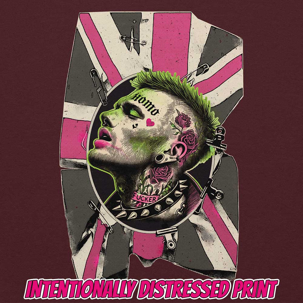 Closeup of a graphic print, featuring a green-haired tattooed punk with piercings, set against a distressed Union Jack background.