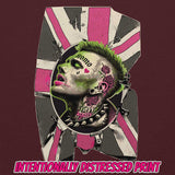 Closeup of a graphic print, featuring a green-haired tattooed punk with piercings, set against a distressed Union Jack background.