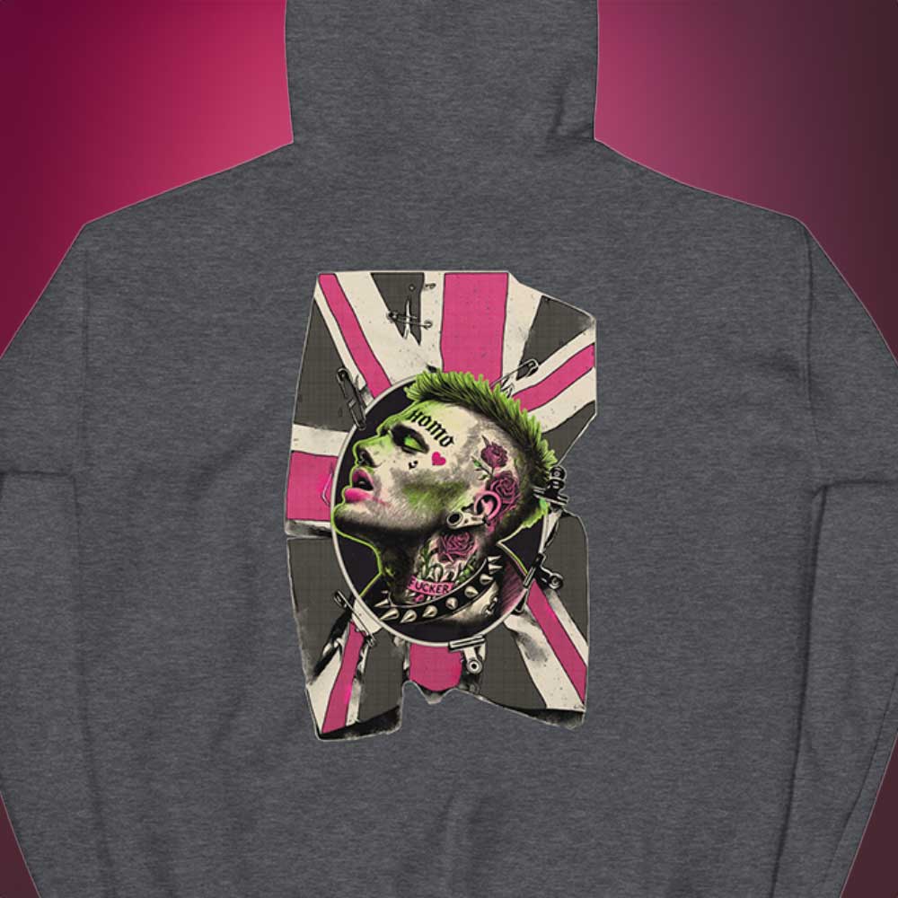 Dark charcoal gray hoodie with a unique homosexual pink & green punk design with the union jack on the back against a beige background - Queer Punk Anthem hoodie - gay rebel pride LGBTQ+ pullover by BackRoomGear