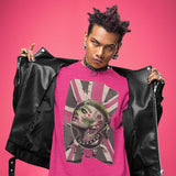 gay punk wearing a pink tshirt with a punk graphic design and a black leather jacket on a pink background - Queer Punk Anthem t-shirt - gay rebel graphic tee by BackRoomGear