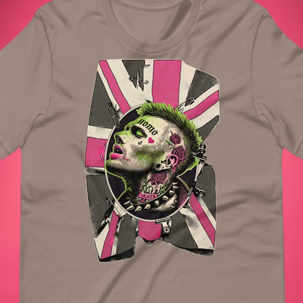 Pebble gray t-shirt with a homosexual punk pink and green graphic design - Queer Punk Anthem t-shirt - gay rebel graphic tee by BackRoomGear