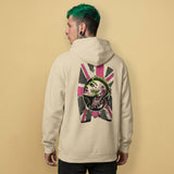 gay man wearing a beige hoodie with a unique homosexual pink & green punk design with the union jack on the back against a beige background - Sand Queer Punk Anthem hoodie - gay rebel pride LGBTQ+ pullover by BackRoomGear