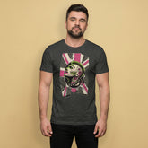 Gay Man wearing a dark gray t-shirt with a homosexual punk pink and green graphic design on a beige background - Grey heather Queer Punk Anthem t-shirt - gay rebel graphic tee by BackRoomGear