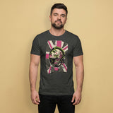 Gay Man wearing a dark gray t-shirt with a homosexual punk pink and green graphic design on a beige background - Grey heather Queer Punk Anthem t-shirt - gay rebel graphic tee by BackRoomGear